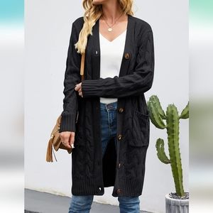 Womens Long Sleeve Cable Knit Long Cardigan Open Front Button Sweater Outerwear